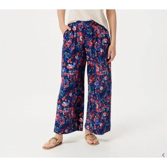 Cuddl Duds Flexwear Pants Blue Floral Print Wide Leg Pull On - Picture 1 of 9